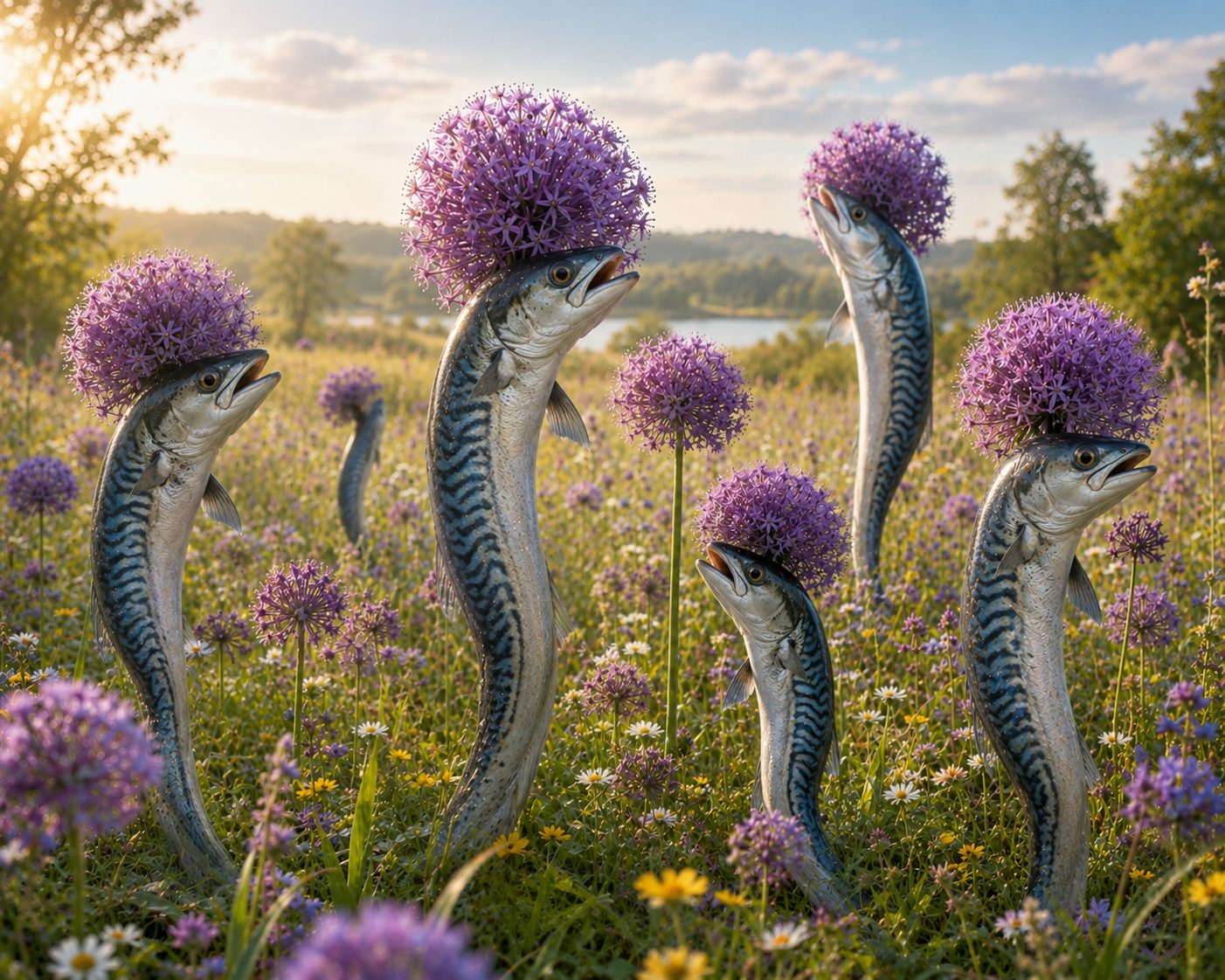 Makrelen mit Allium-Blüten als Köpfe, die im Abendlicht durch eine Wildblumenwiese ragen